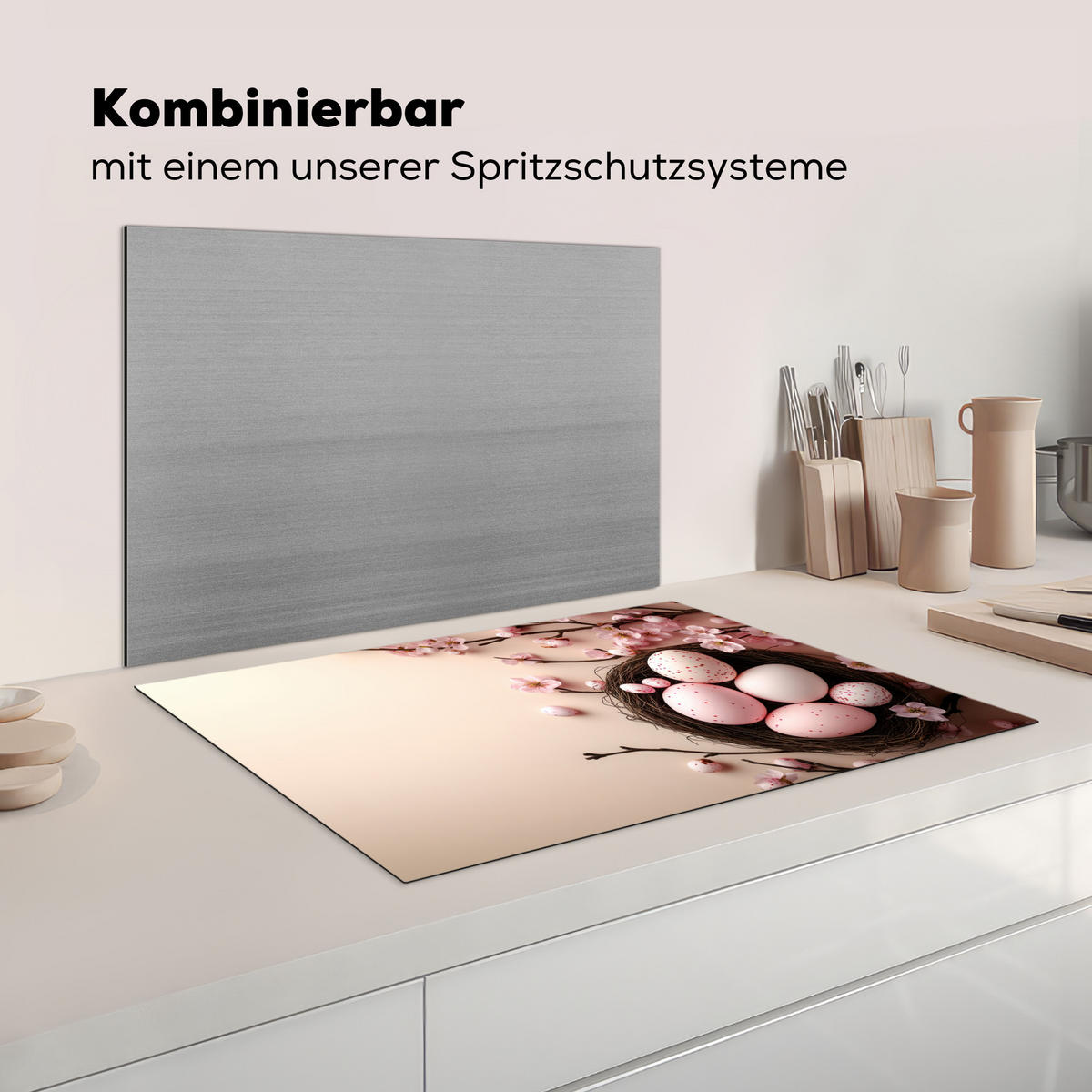 HERDABDECKPLATTE Rosa - Blüten - Eier Induktionsmatte 77x51 cm - Hellrosa, Kunststoff (77/51/0.2cm) - MuchoWow