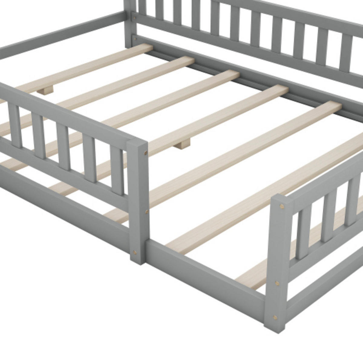 HAUSBETT 140 × 200 cm aus massivem Kiefernholz mit hohem Sicherheitsgeländer und Nachttisch, grau - Grau, Holz - Luhomfu