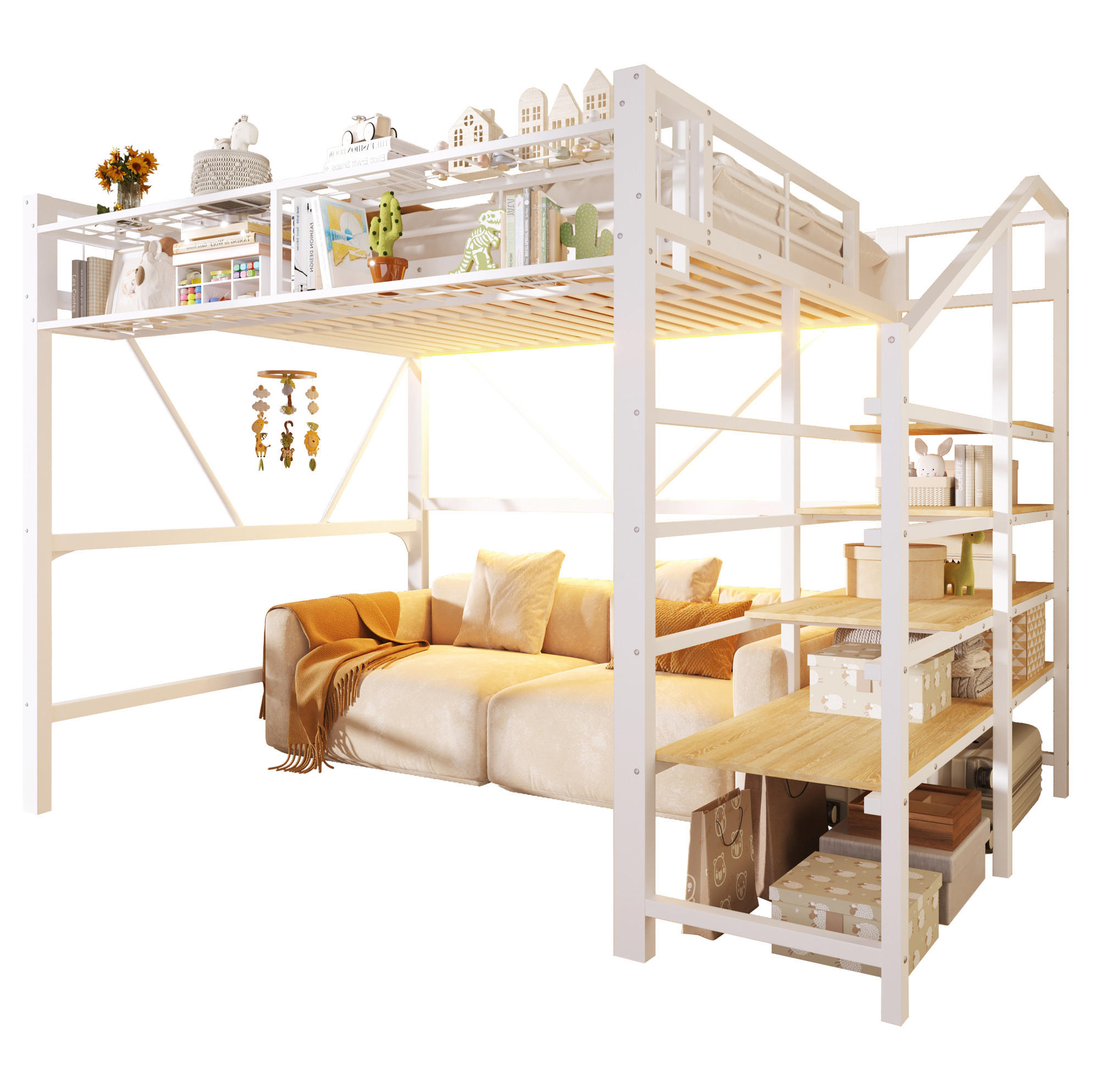 HOCHBETT 140/200 cm Weiß mit LED ohne Matratze - Weiß, Metall (140/200cm) - MIVRAY