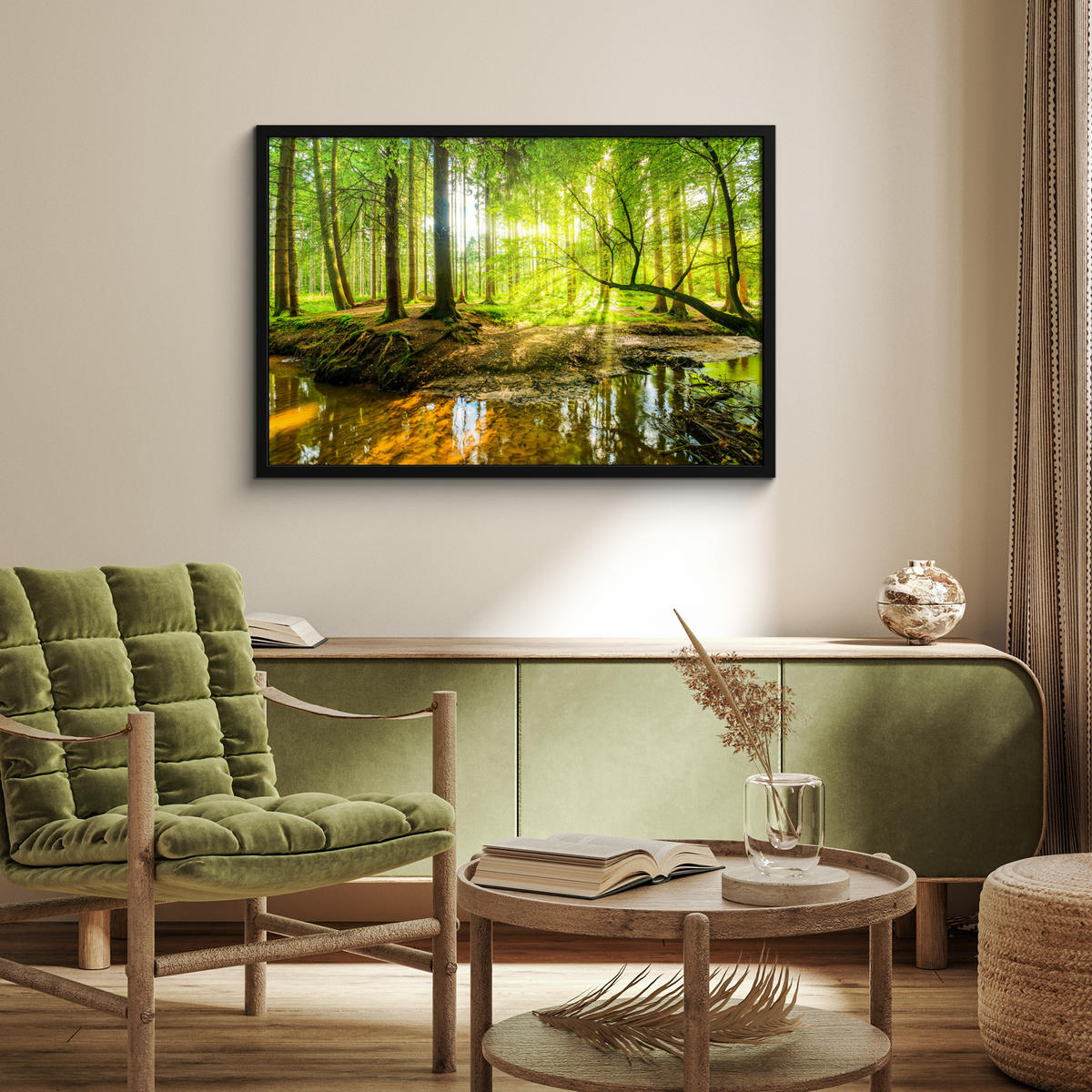 POSTER MIT RAHMENGERAHMTES BILD Wald - Landschaft - Wasser - Bäume - Sonne - Grün - Natur 90x60 cm - Grün, Papier (90/60cm) - MuchoWow