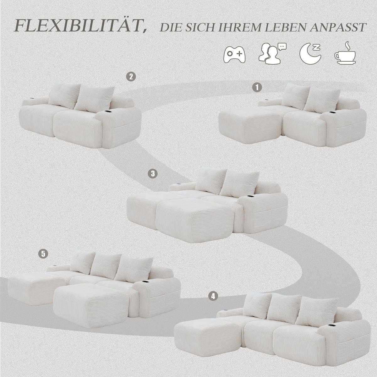 3-SITZER Wohnlandschaft Cord mit 2 Hockern Getränkehalter und Seitentasche 268/174/80 cm Beige - Beige, Textil (174/80/268cm) - Redom