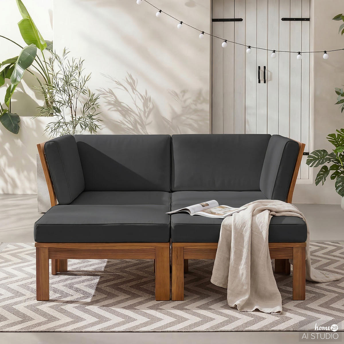 LOUNGEHOCKER - Webstoff / Akazie massiv - Anthrazit, Holz/Textil (60/38/60cm) - home24