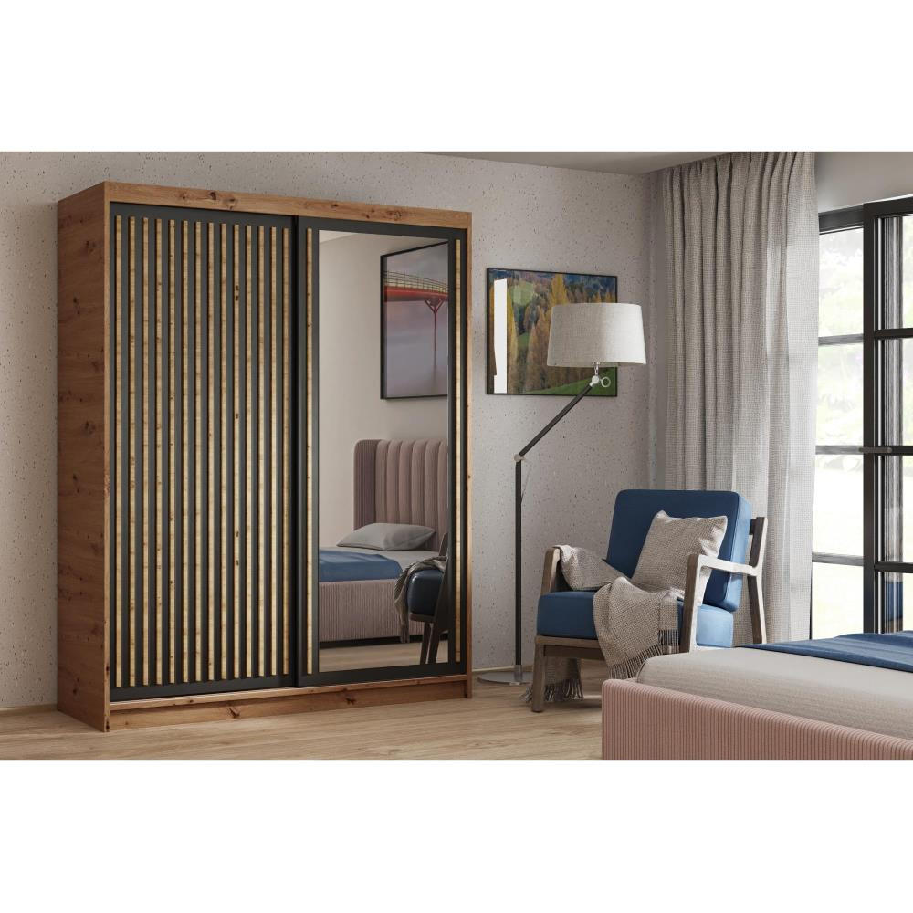 SCHWEBETÜRENSCHRANK Donatello 160/205/60 2-türig eiche Artisan/schwarz mit Spiegel - Schwarz/Eiche Artisan, Holzwerkstoff (160/205/60cm) - Beautysofa