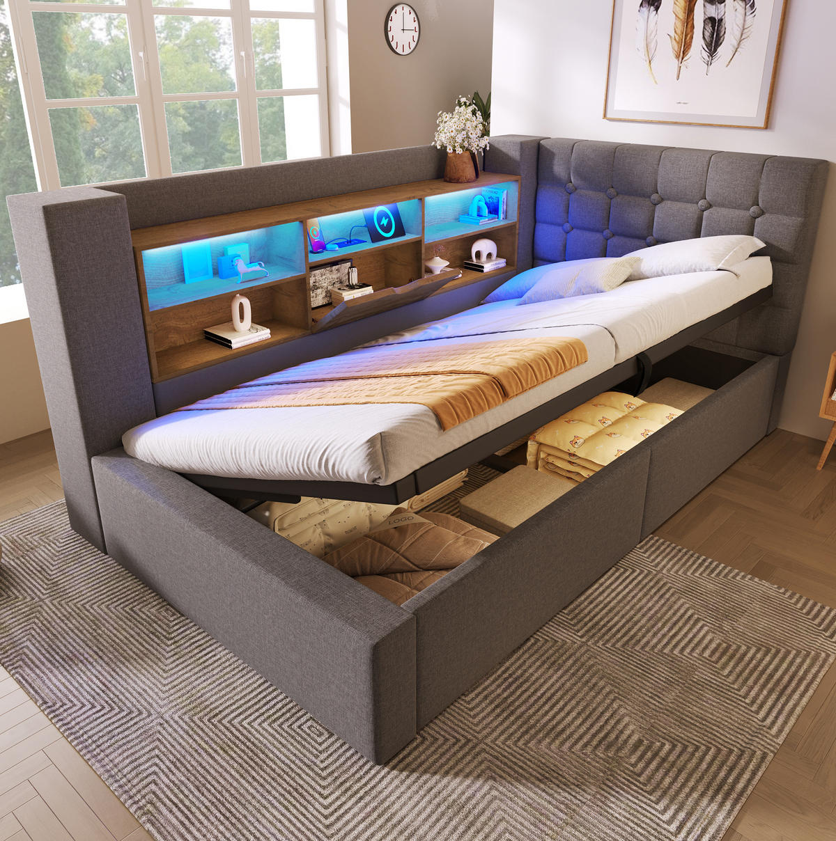 BETT mit Stauraum 90x200 cm Leinen Grau - Grau, Metall (90/200cm) - Meubliv