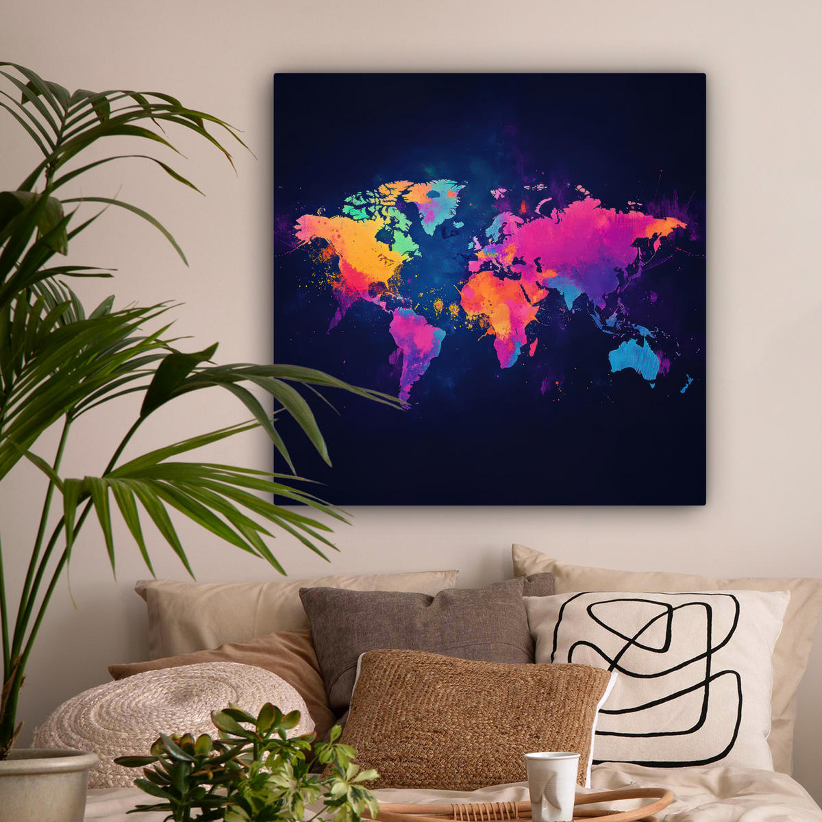 LEINWANDBILD Weltkarte - Bunt - Graffiti 90x90 cm - Multicolor, Textil (90/90cm) - MuchoWow