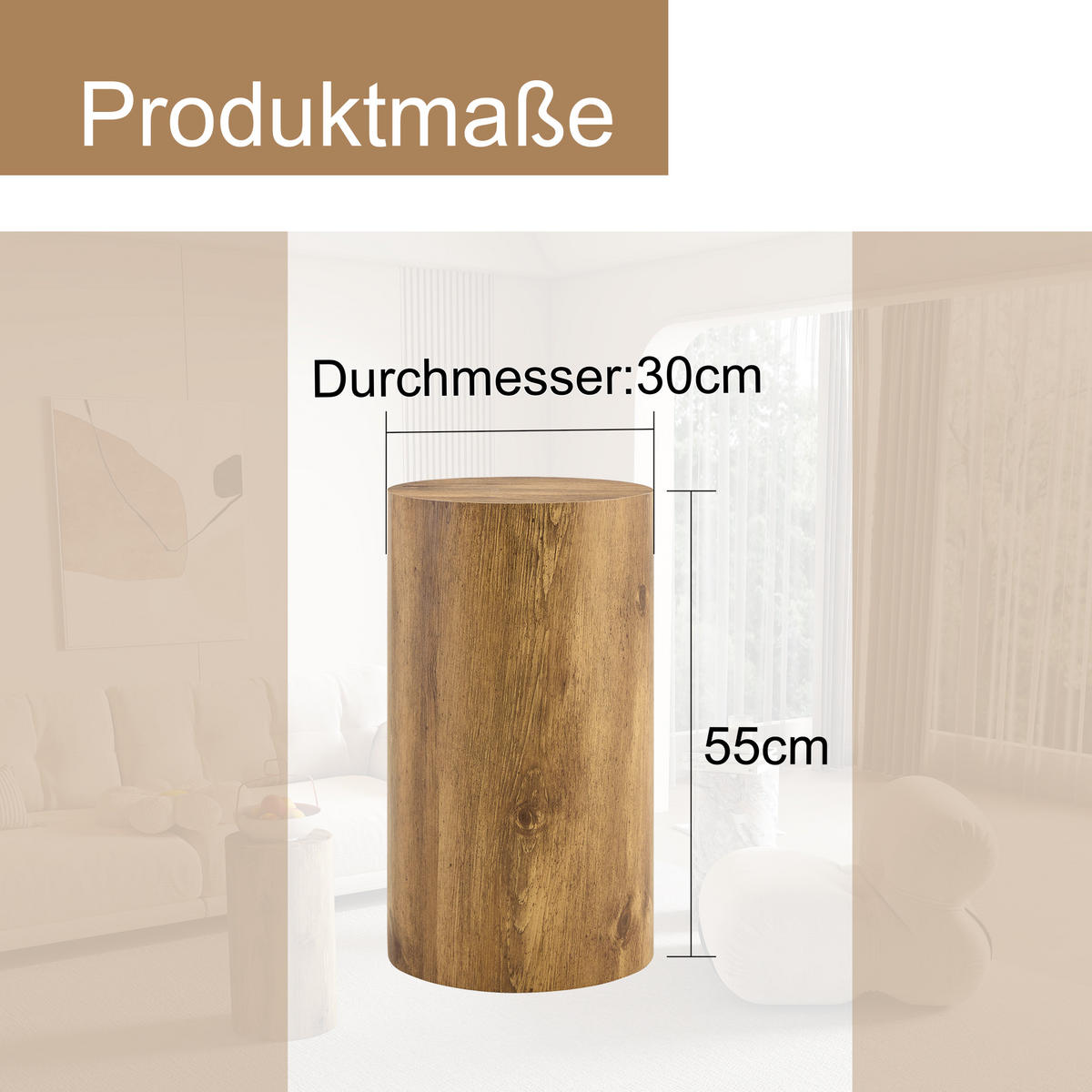 BEISTELLTISCH 30/30/55 cm Holz MDF in Holzoptik rund mit Filzgleitern - Naturfarben, Holzwerkstoff (30/30/55cm) - OKWISH