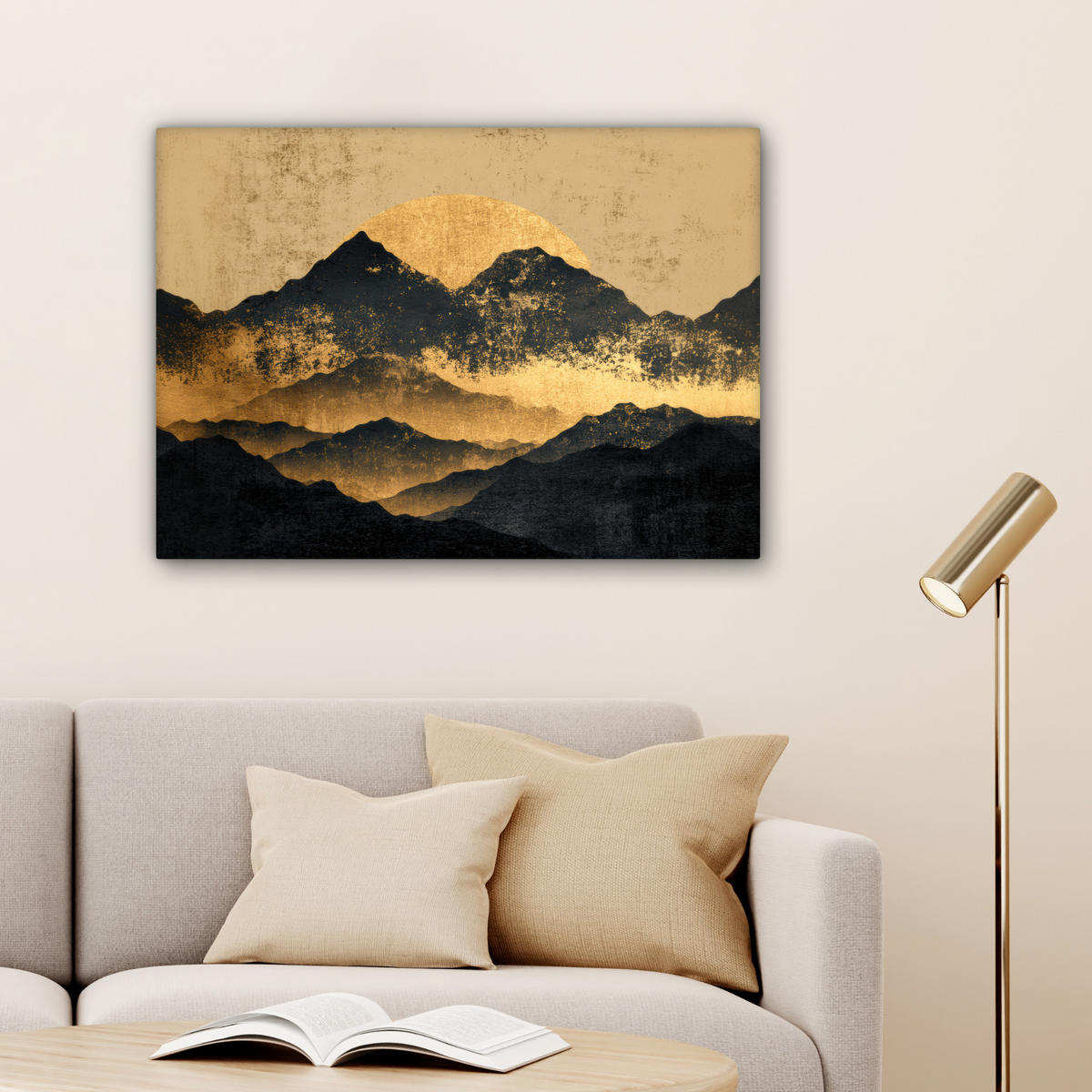 LEINWANDBILD Goldene Berge bei Mondschein Wandbilder 80x60 cm - Goldfarben, Textil (80/60cm) - MuchoWow