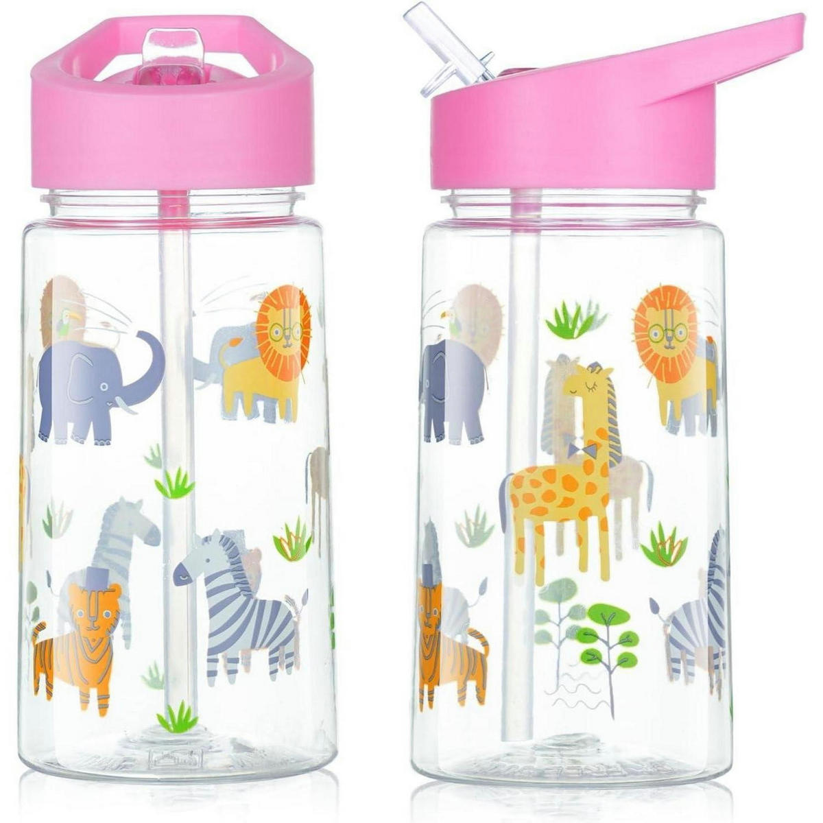 KINDER Trinkflasche mit Strohhalm 450 ml Rosa Tiere - Multicolor, Kunststoff (7.5/7.5cm)