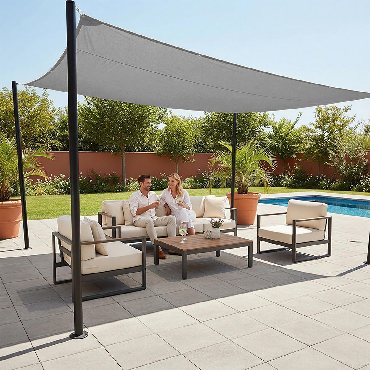 SONNENSEGEL Grau UV-Schutz 30+ 2x3 m - Grau, Textil/Metall (300/200cm) - Relaxdays