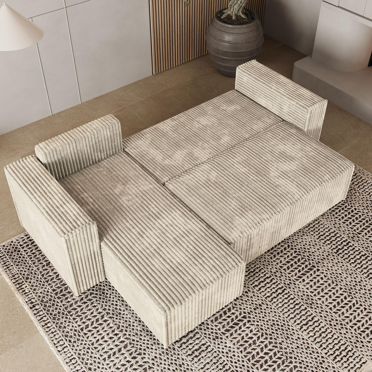 ECKSOFA RAVELO T Creme Kordstoff mit Schlaffunktion - Creme, Holz (240/140cm) - MASSENO