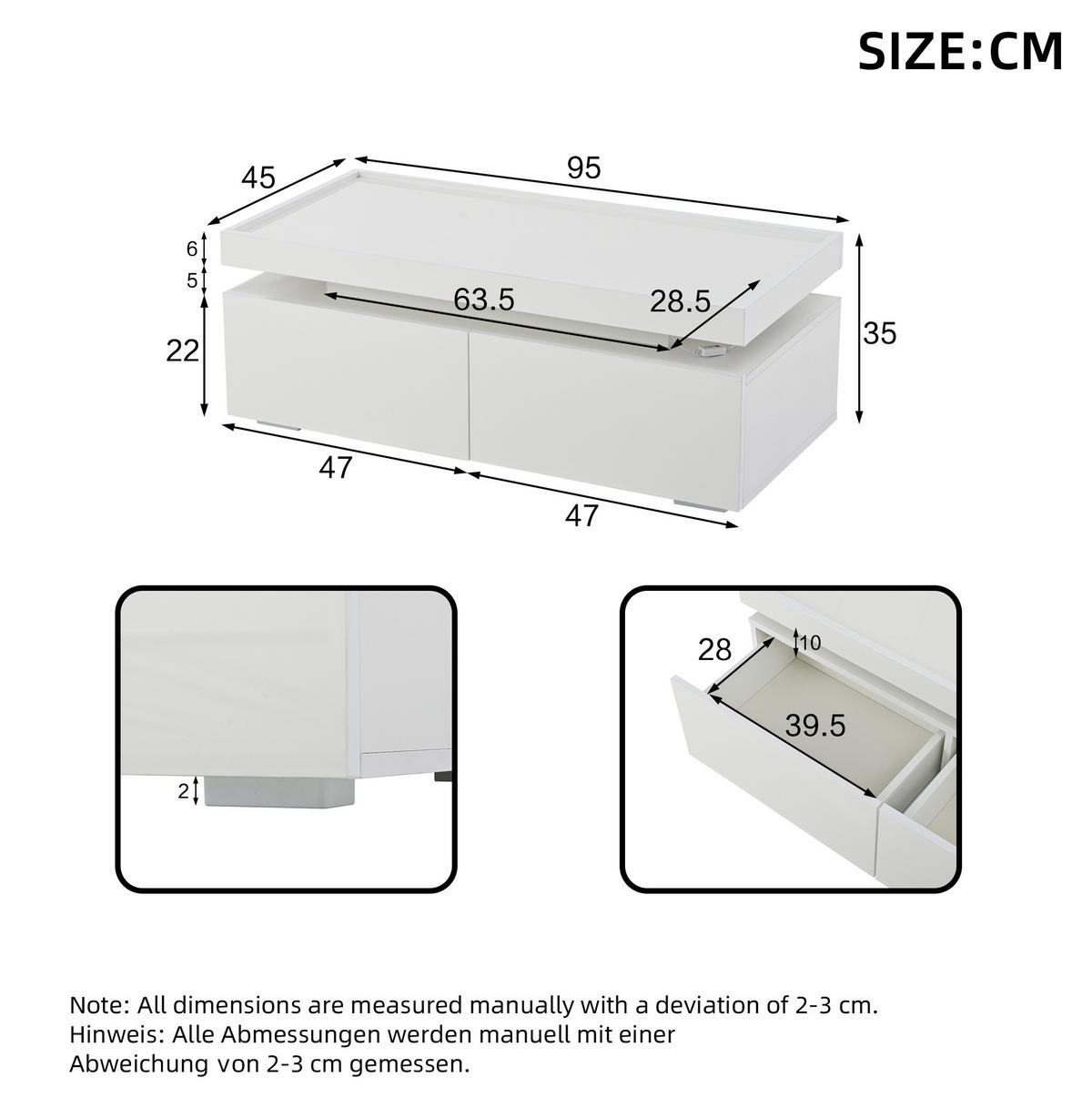 COUCHTISCH 95/45/35 cm mit LED-Beleuchtung, 2 Schubladen und halboffener Ablage, Hochglanz-Design, Weiß - Weiß, Holzwerkstoff (95/45/35cm) - Redom