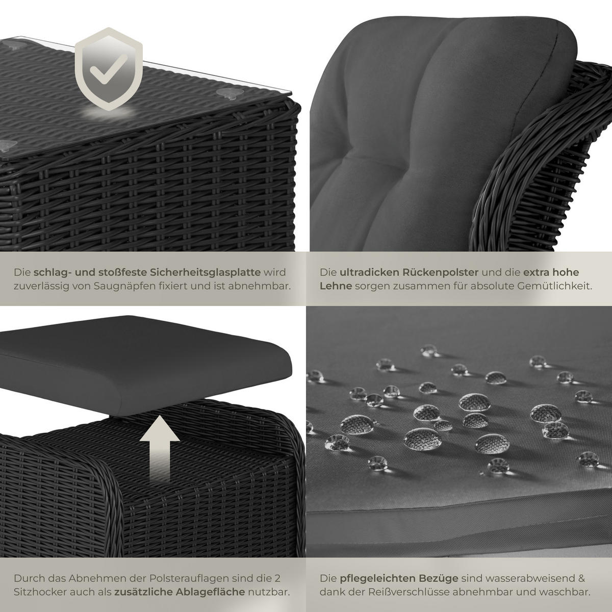 RATTAN SITZGRUPPE Benissa,mit Sicherheitsglasplatte,schwarz/grau - Schwarz/Grau, Kunststoff - tectake