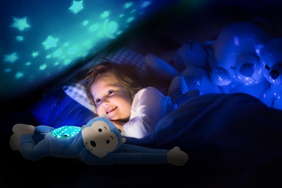 LED-PLÜSCHTIER-NACHTLICHT - Sternenprojektor mit 13 Schlummermelodien und waschbarem Äffchen, batteriebetrieben - Blau, Kunststoff (10/10/10cm) - Northpoint