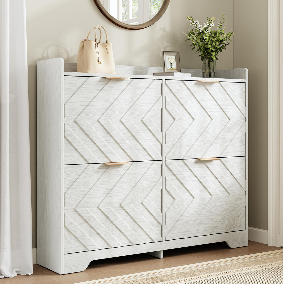 SCHUHSCHRANK 105/24/90 cm in Weiß mit 4 Klappfächern und 3D-Strukturfront - Weiß, Holzwerkstoff (105/90/24cm) - Flora Grace