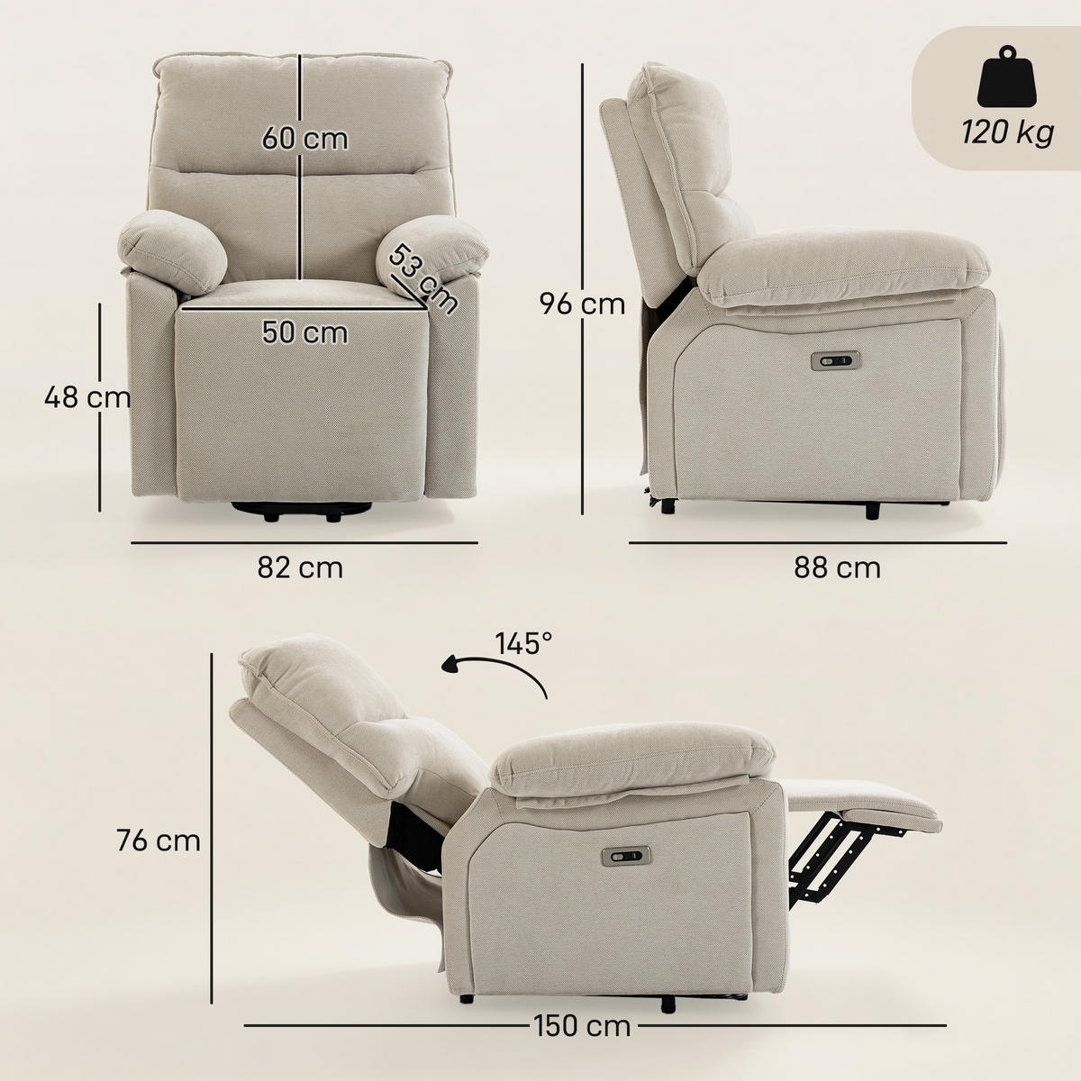 ELEKTRISK uppståstol chenille 100 polyester cremefärgad - Cremefärgad, Textil/Metall (82/96/88cm) - HOMCOM