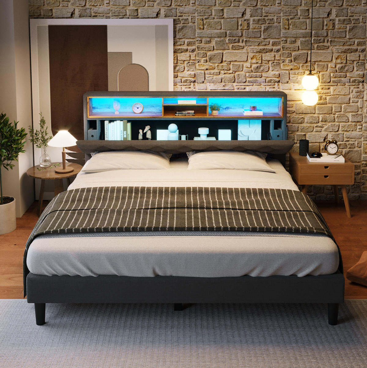POLSTERBETT aus Massivholz 140x200 cm Grau mit Stauraum-Kopfteil und LED-Beleuchtung - Grau, Holz (140/200cm) - IVMEU