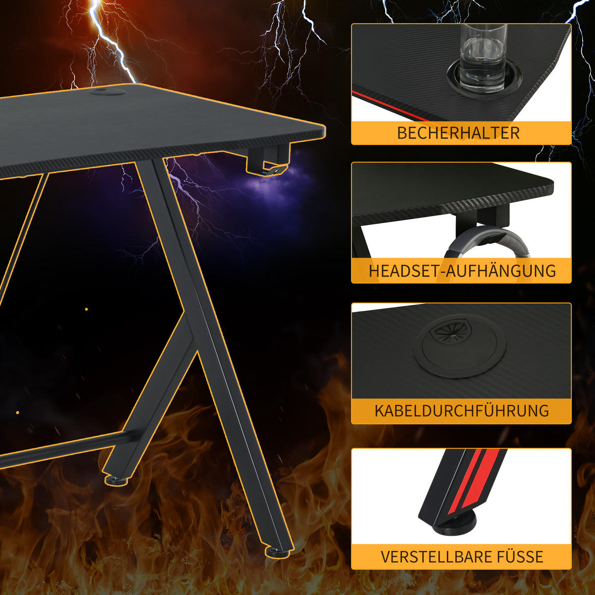 GAMING-TISCH, MDF, Stahl, Schwarz - Schwarz, Kunststoff (105/55/75cm) - HOMCOM