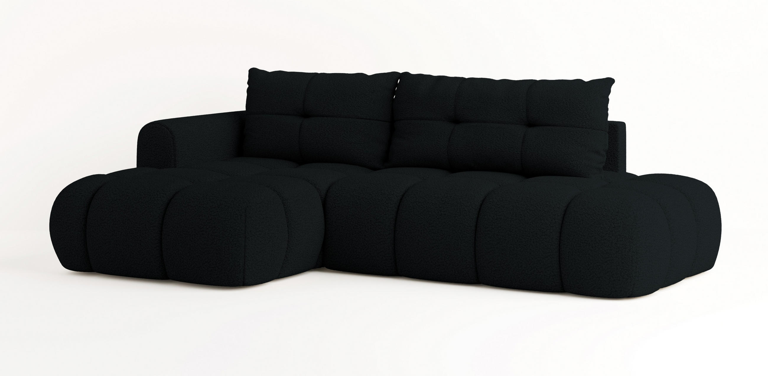 ECKSOFA FLUMA L-S Schwarz Boucle-Stoff mit Schlaffunktion - Schwarz, Holz (274/165cm) - MASSENO