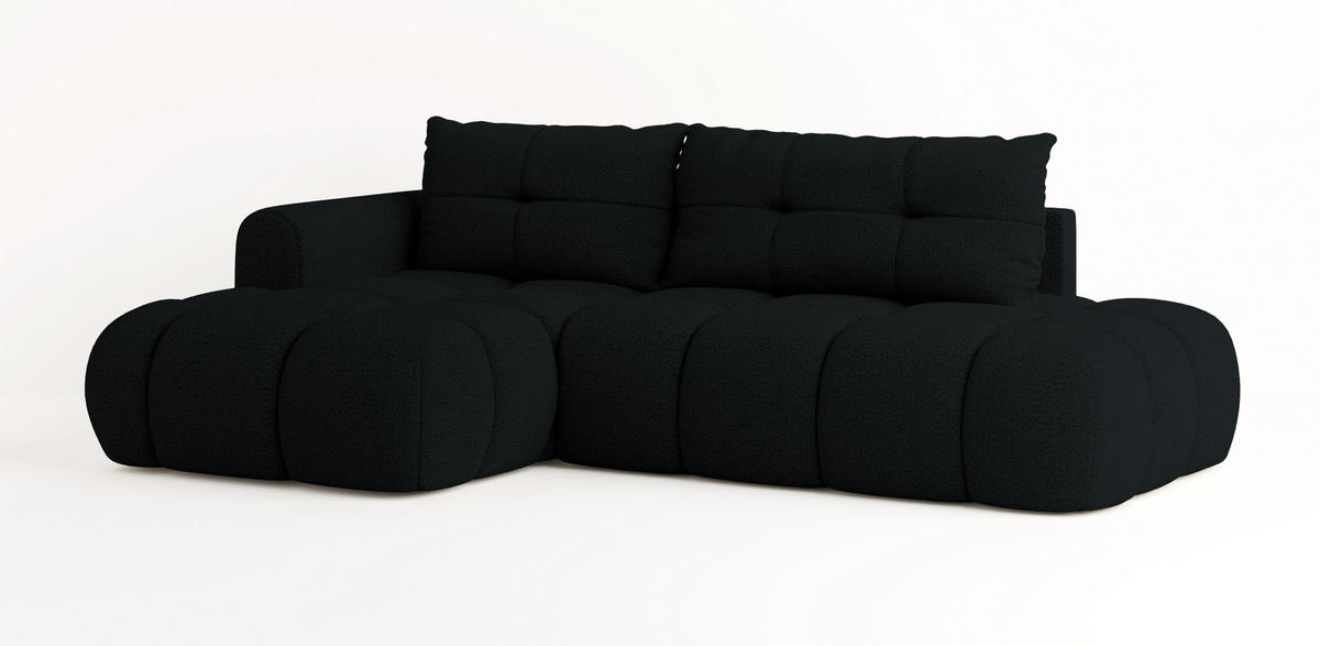 ECKSOFA FLUMA L-S Schwarz Boucle-Stoff mit Schlaffunktion - Schwarz, Holz (274/165cm) - MASSENO