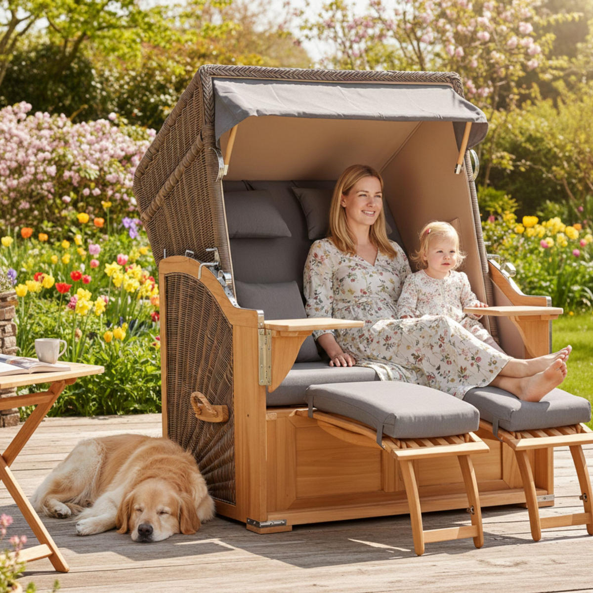 STRANDKORB SEEBLICK 2 Sitzer Teak - Braun/Grau, Metall (125/170/80cm) - Mr. Deko