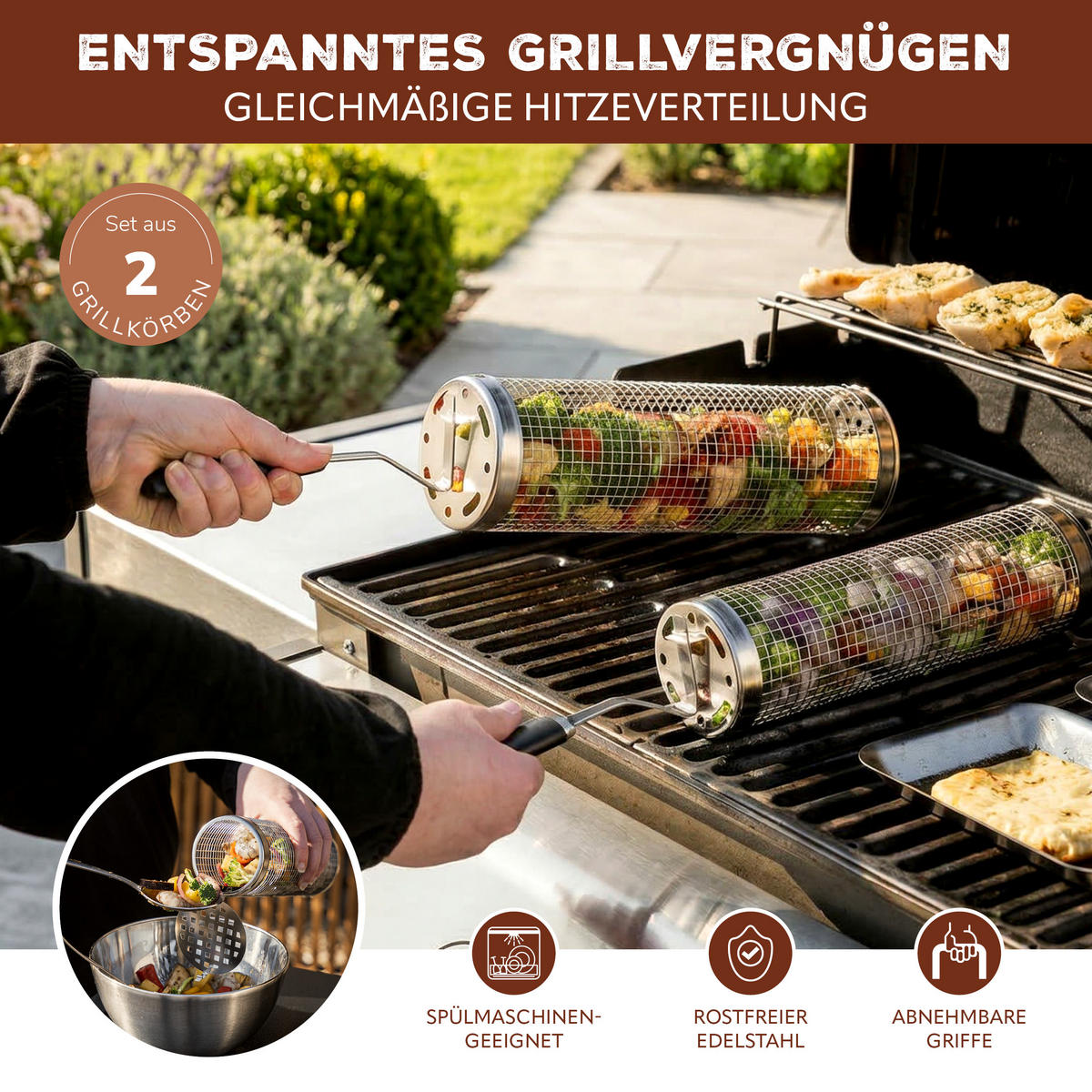 GRILLKORB, rund Edelstahl matt - Silberfarben, Metall (46/8.5/8.5cm) - eluno
