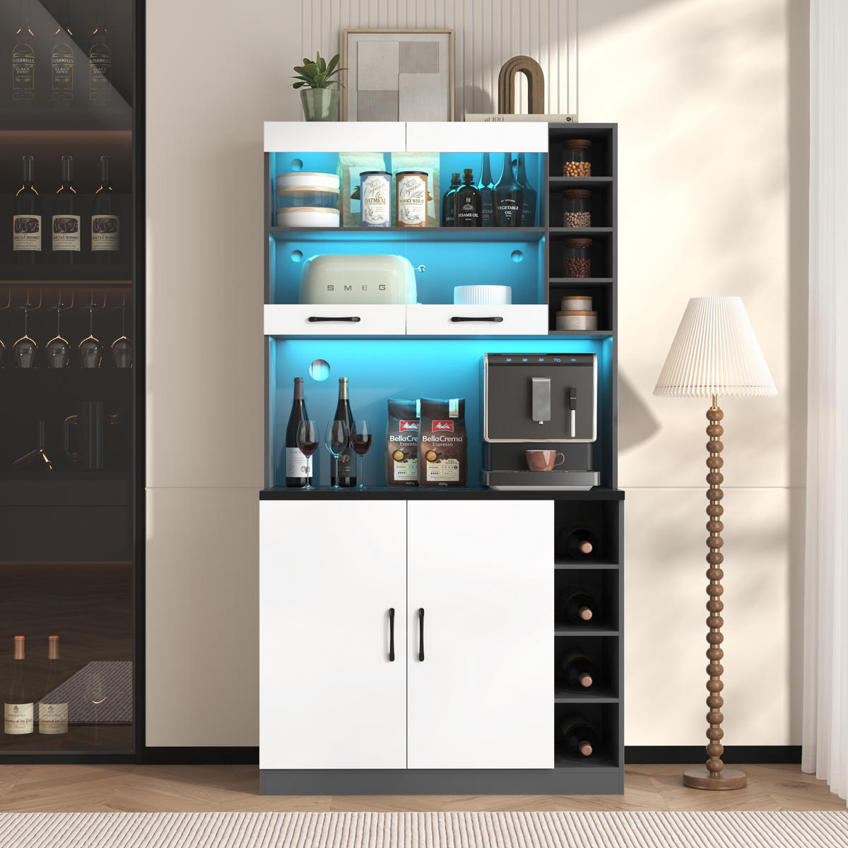 KÜCHENBUFFET mit 2 Türen, LED-Beleuchtung und Glaselementen, 100 x 47 x 187 cm, Weiß/Grau, MDF - Weiß, Holzwerkstoff (100/187/47cm) - SONNENH