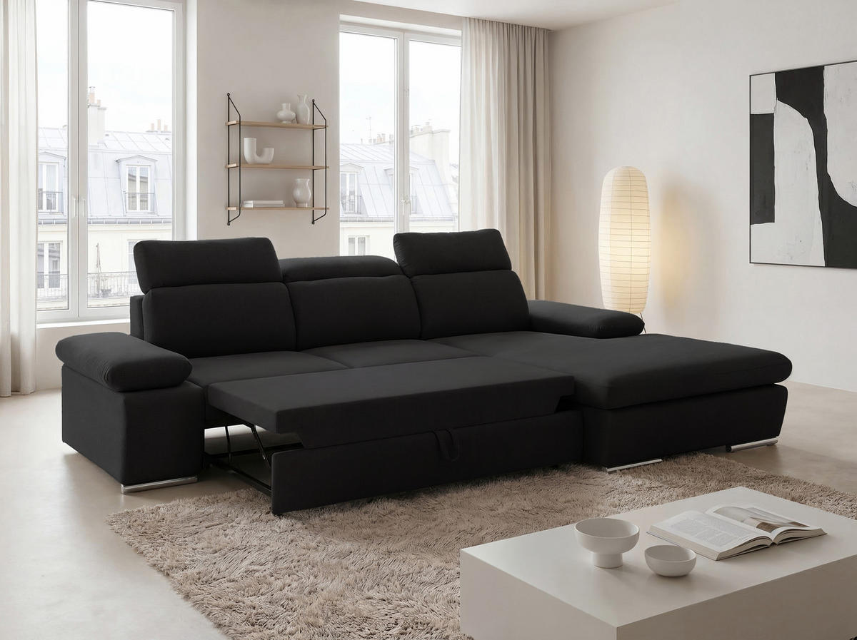 ECKSOFA PABLO mit Schlaffunktion und Bettkasten Schwarz - Schwarz, Holzwerkstoff/Kunststoff (250/90cm) - Idohome
