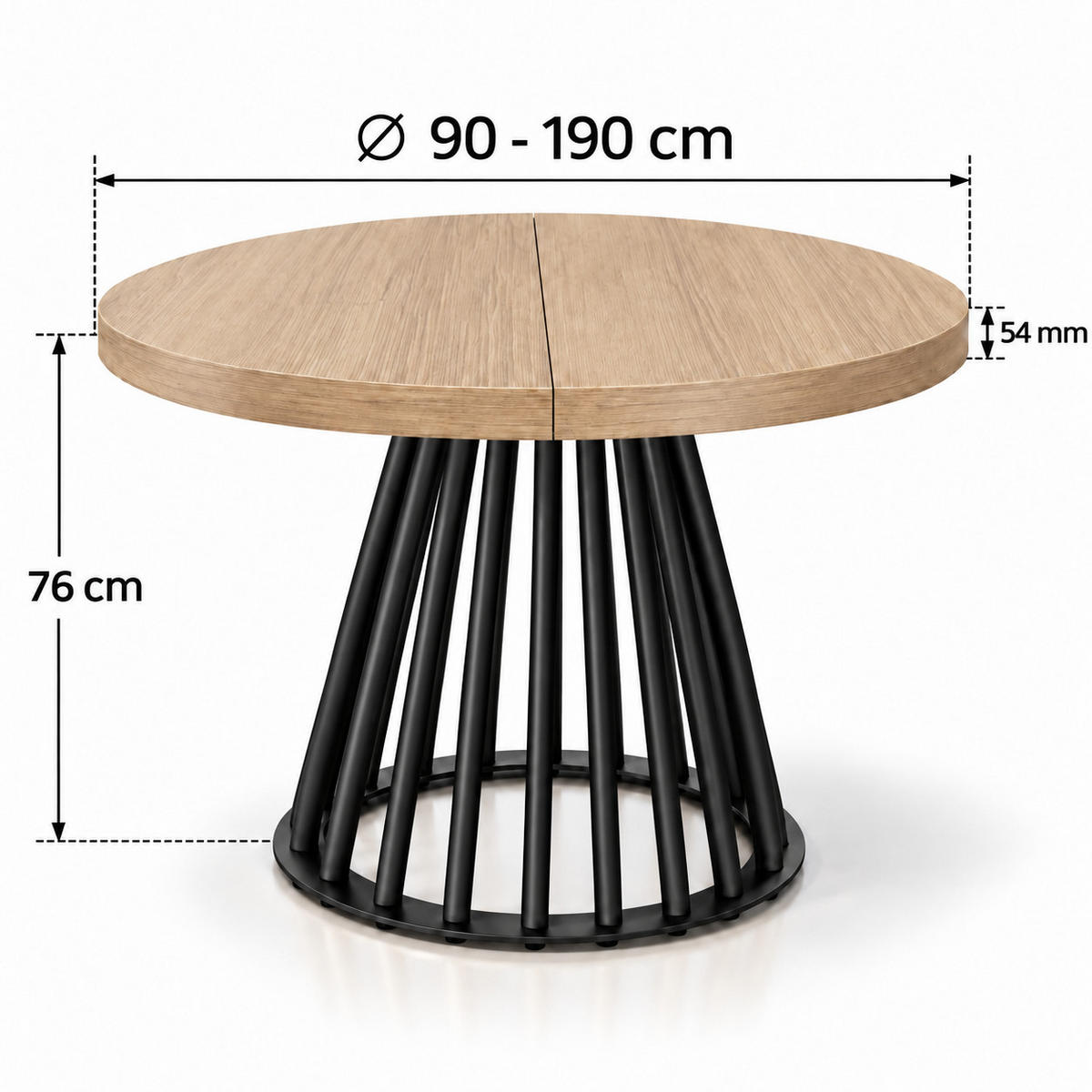 ESSTISCH rund ausziehbar 90/190/76 cm, Hellbraun Eiche Hikora Egger Natur, 54 cm Tischplatte + Lamellen-Metallgestell Schwarz - Eichefarben/Hellgrau, Holzwerkstoff/Metall (90/190/76cm) - Damale Möbel