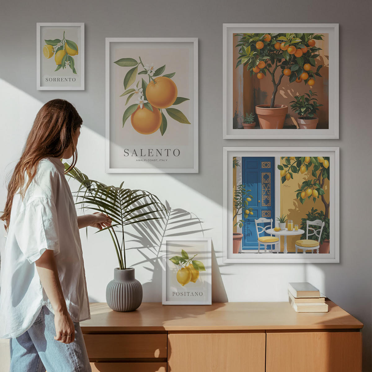 BILDER SET 5er Set - 50x50 cm & 20x30 cm & 40x60 cm Weißer Rahmen - Zitronenorange Blütenmuster - Weiß, Kunststoff (40/60cm) - TULUP