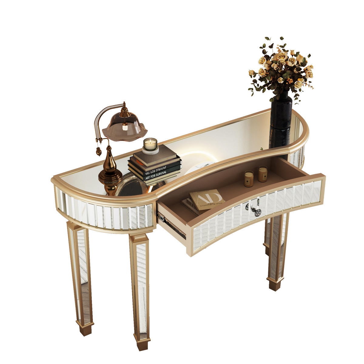 KONSOLENTISCH DE-37268 120 cm halbmondförmig mit Spiegel Gold - Goldfarben, Holzwerkstoff (120/38/78cm) - ComfortXL