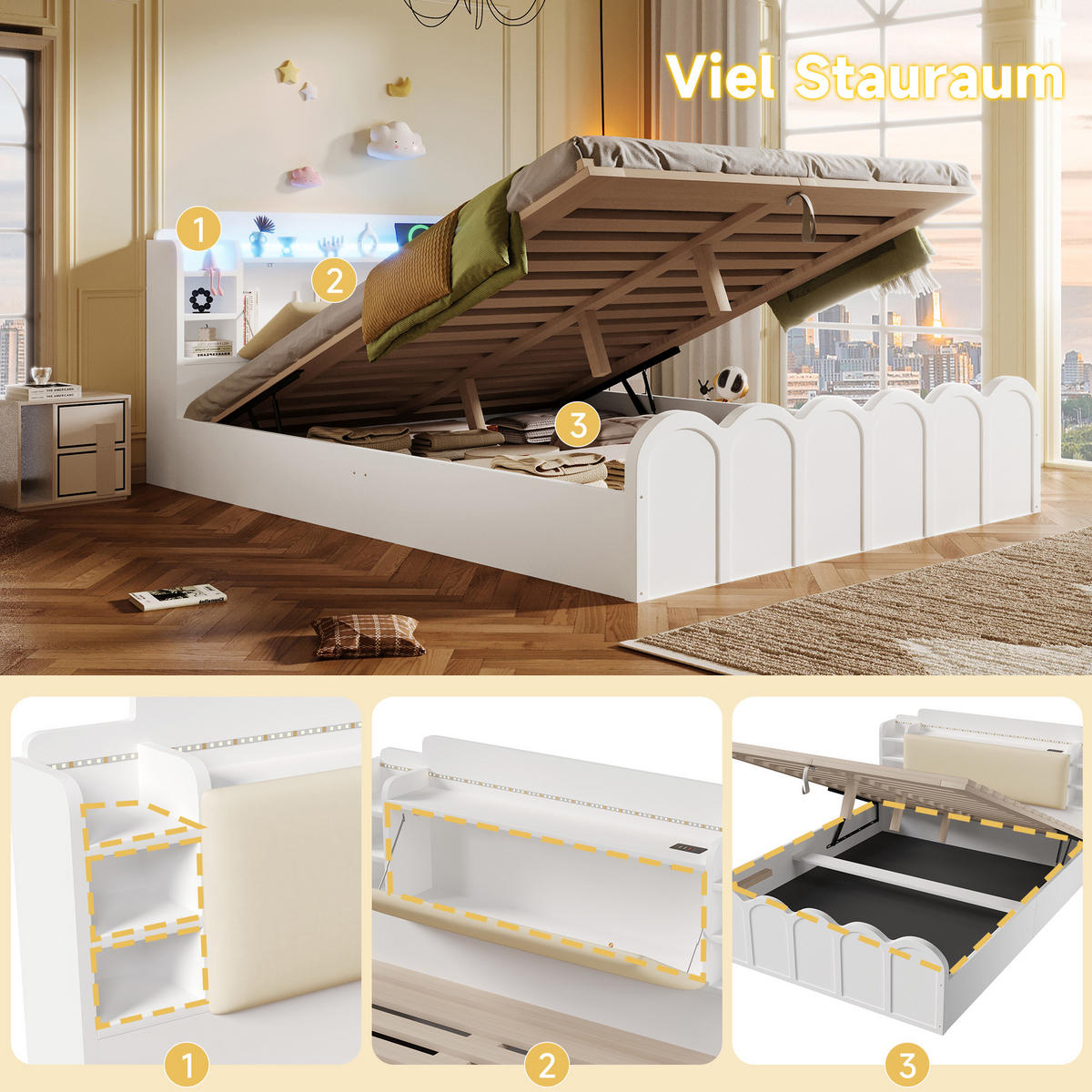POLSTERBETT 140/200 cm in Weiß mit Bettkasten, LED, USB und Type-C - Weiß, Holzwerkstoff/Textil (140/200cm) - STILVORA
