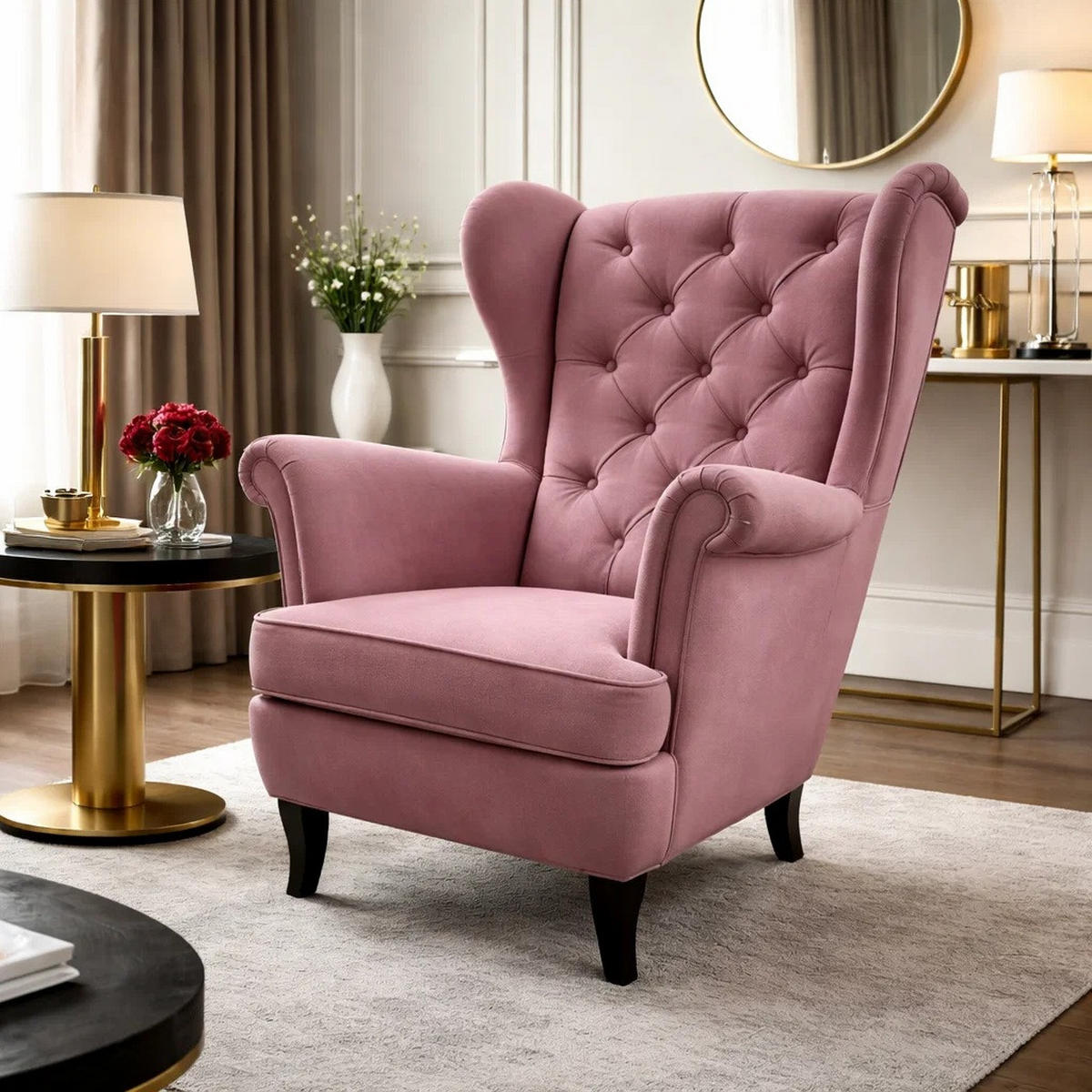 CHESTERFIELD-SESSEL Falco rosa mit Holzbeinen - Wengefarben/Rosa, Holz/Textil (82/102/92cm) - Beautysofa