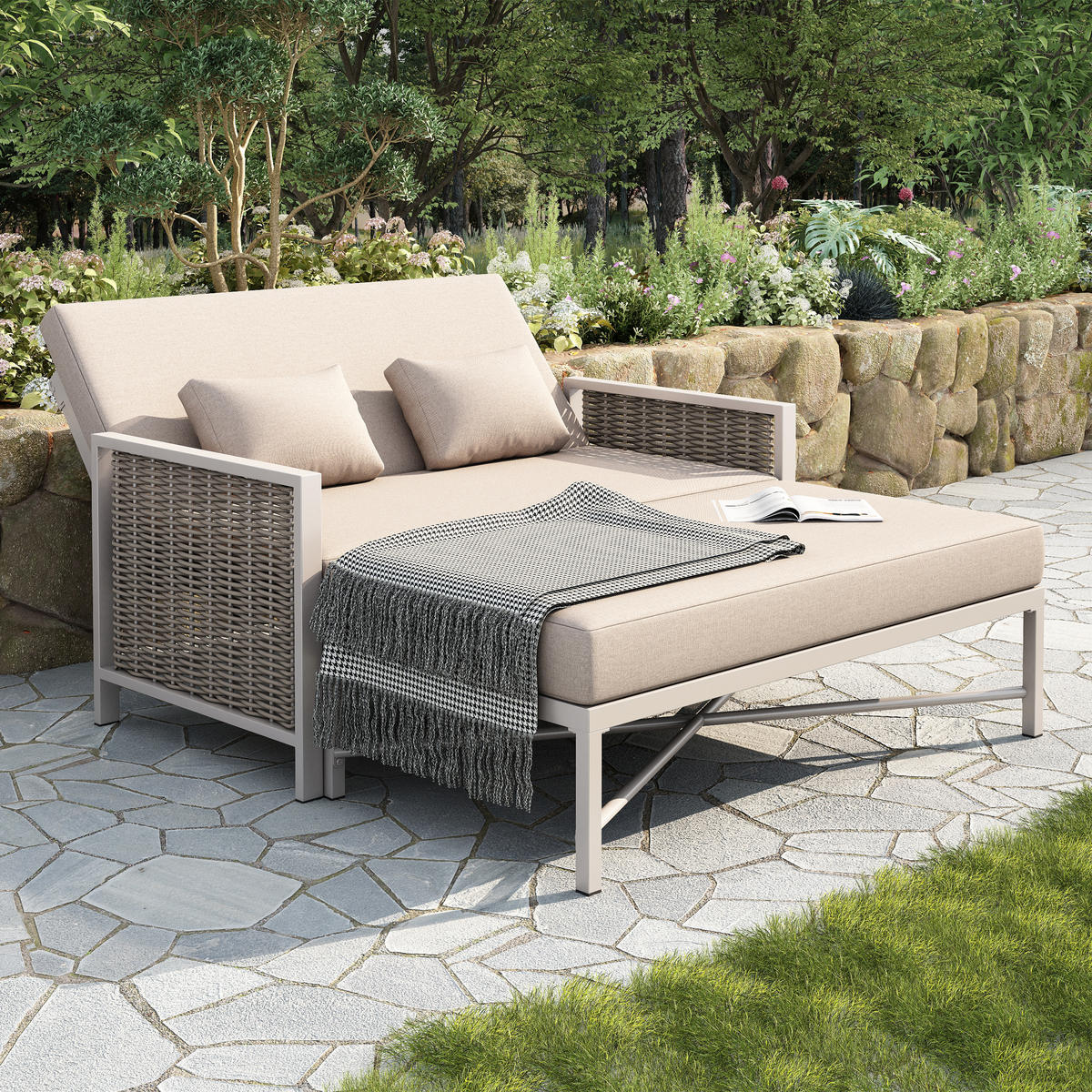 GARTENMÖBEL, 2-Personen Outdoor-Liegebett, Rückenlehne 0-65°, Khaki/Beige - Hellbraun, Textil (131.5/91/151.3cm) - FLIEKS