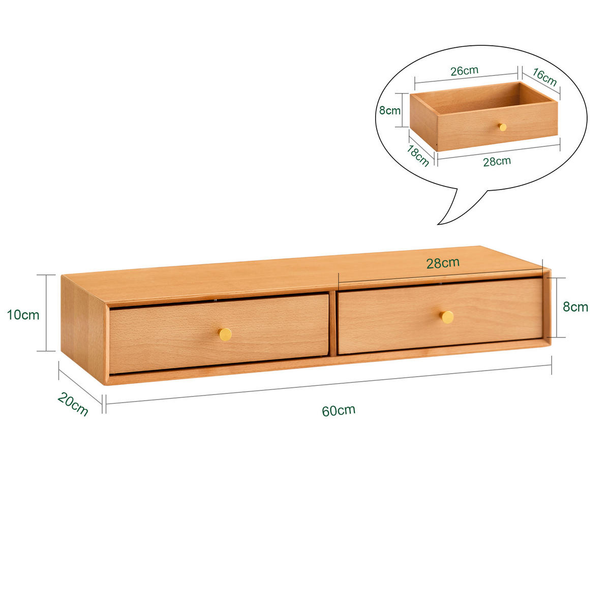 SCHWEBEREGAL mit 2 Schubladen, 60×20×10 cm, Natur - Naturfarben, Holzwerkstoff (60/10/20cm) - SoBuy