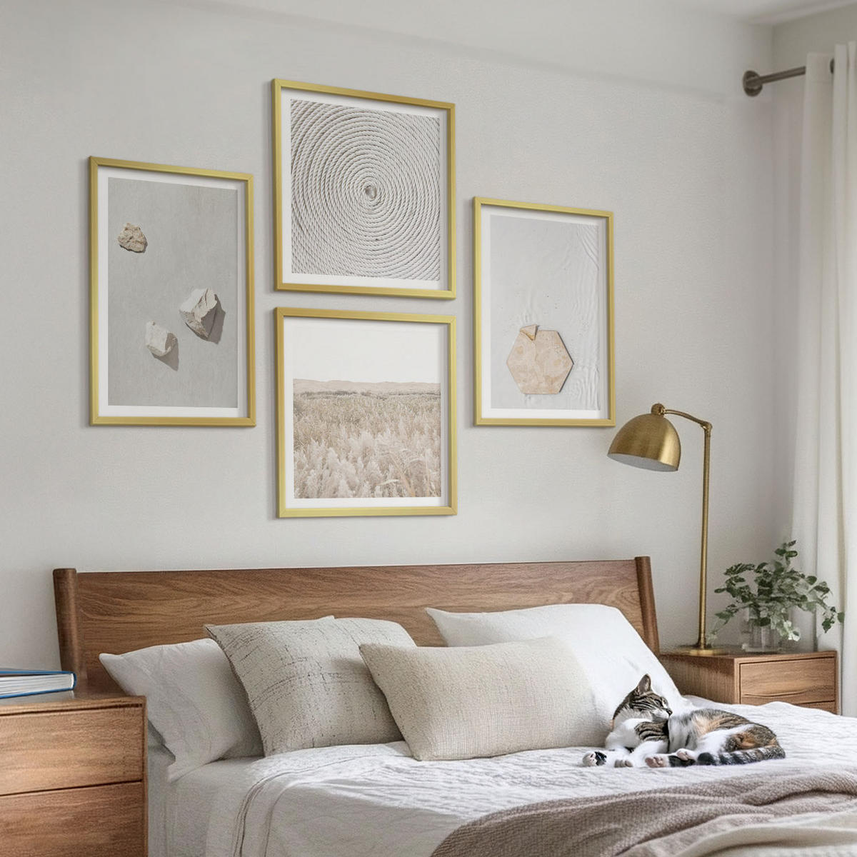 WANDBILDER 4er Set - 50x50 cm & 40x60 cm Goldrahmen - Leichte Boho-Sandtexturen - Goldfarben, Kunststoff (50/50cm) - ArtPrintCave