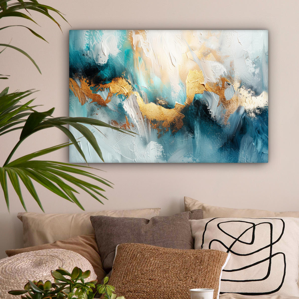 LEINWANDBILD Abstrakt - Kunst - Gold - Blau Gemälde 60x40 cm - Petrol, Textil (60/40cm) - MuchoWow