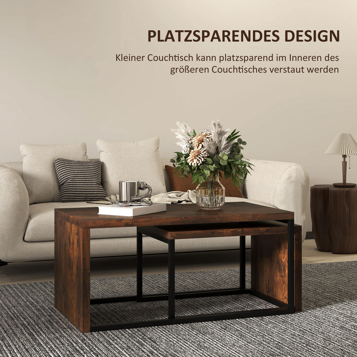 COUCHTISCH 2er-Set, verschiedene Formen, Schwarz+Braun - Braun, Metall (48/90/42cm) - HOMCOM