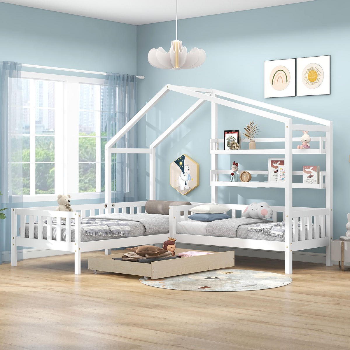 HAUSBETT 90x200 cm, mit Tisch, Kleiderschrank, Schutzgitter & 4-stufiger Leiter, Holz, weiß - Weiß, Holz (94/200cm)