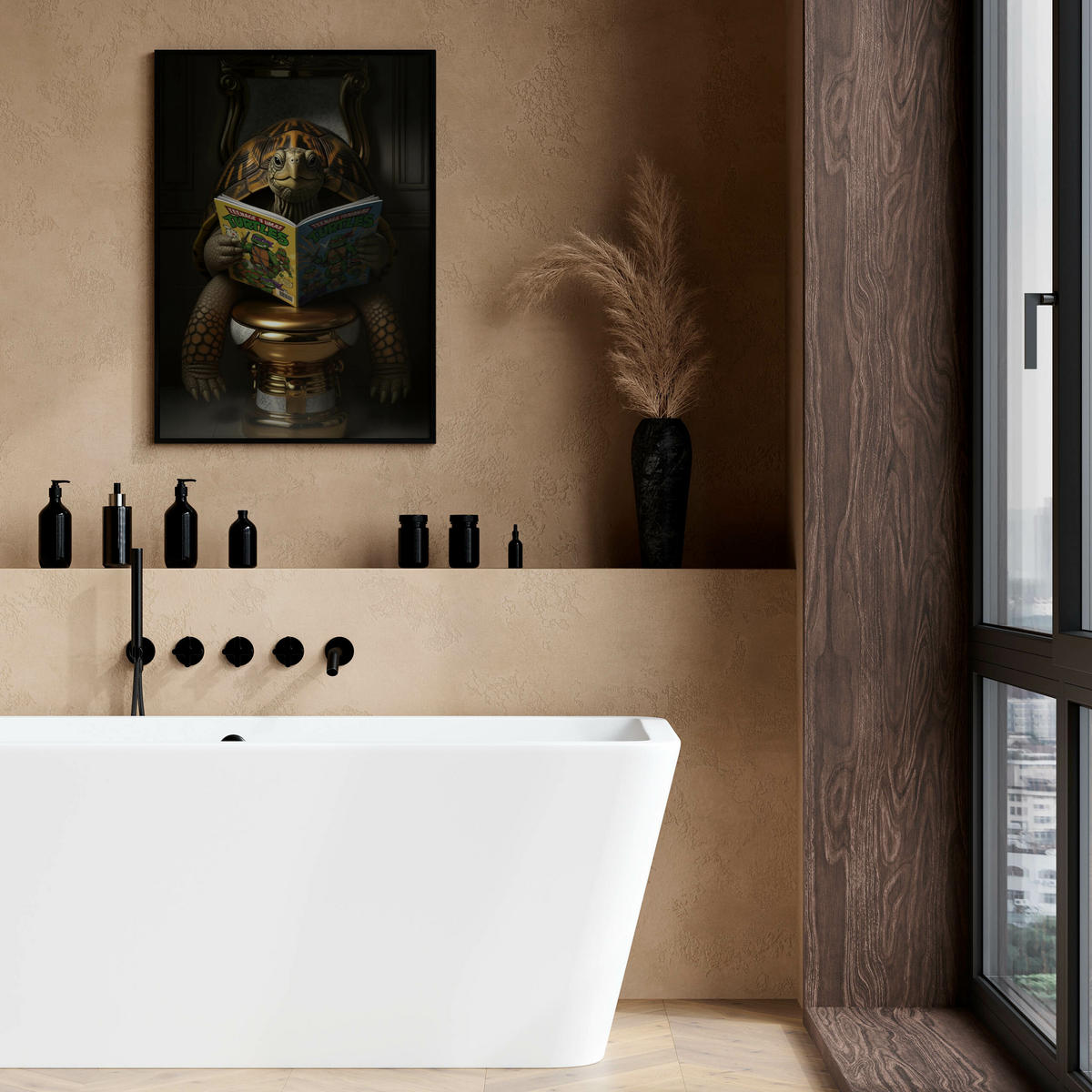 POSTER für Badezimmer WC SCHILDKRÖTE mit Comicbuch auf Toilette Abstraktion 50x70cm - Gelb/Orange, Papier (50/70/70cm) - Muralo