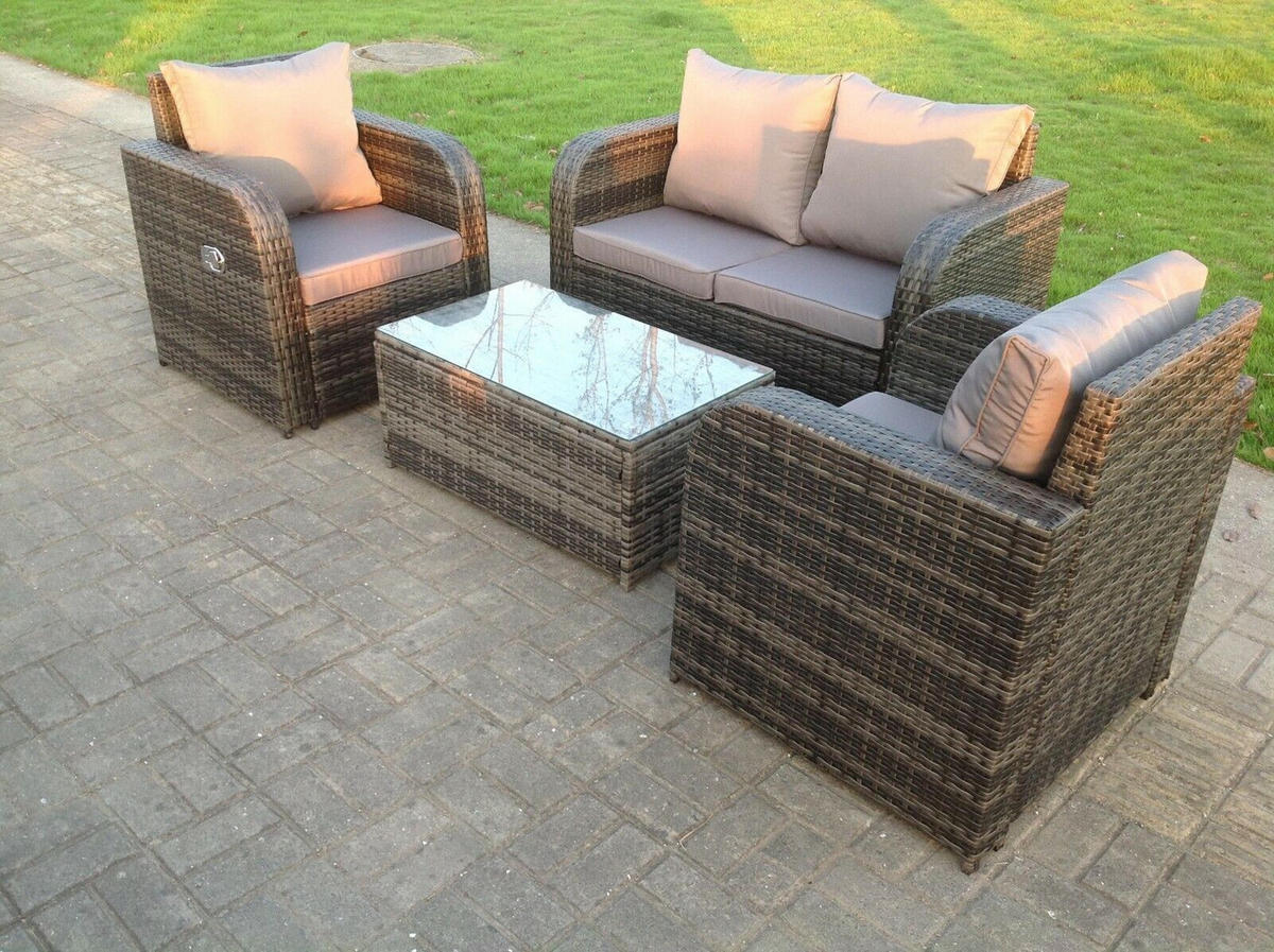 GARTENMÖBELSET mit Couchtisch Polyrattan 4-Sitzer - Dunkelgrau/Grau, Glas/Kunststoff - Fimous