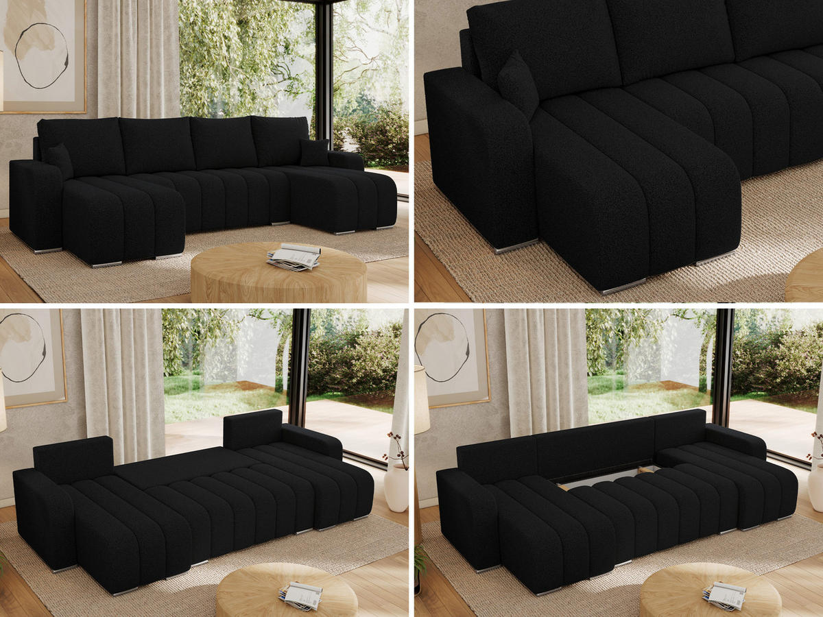 WOHNLANDSCHAFT KIRASSO U Schwarz Boucle - Schwarz/Grau, Textil/Metall (320/86/147cm) - MKS
