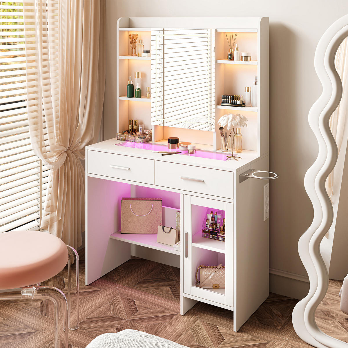 SCHMINKTISCH mit LED-Spiegel, Steckdosenleiste und Schubladen, Frisiertisch modern - Weiß, Holz (40/145/90cm) - PARAFTA HOME