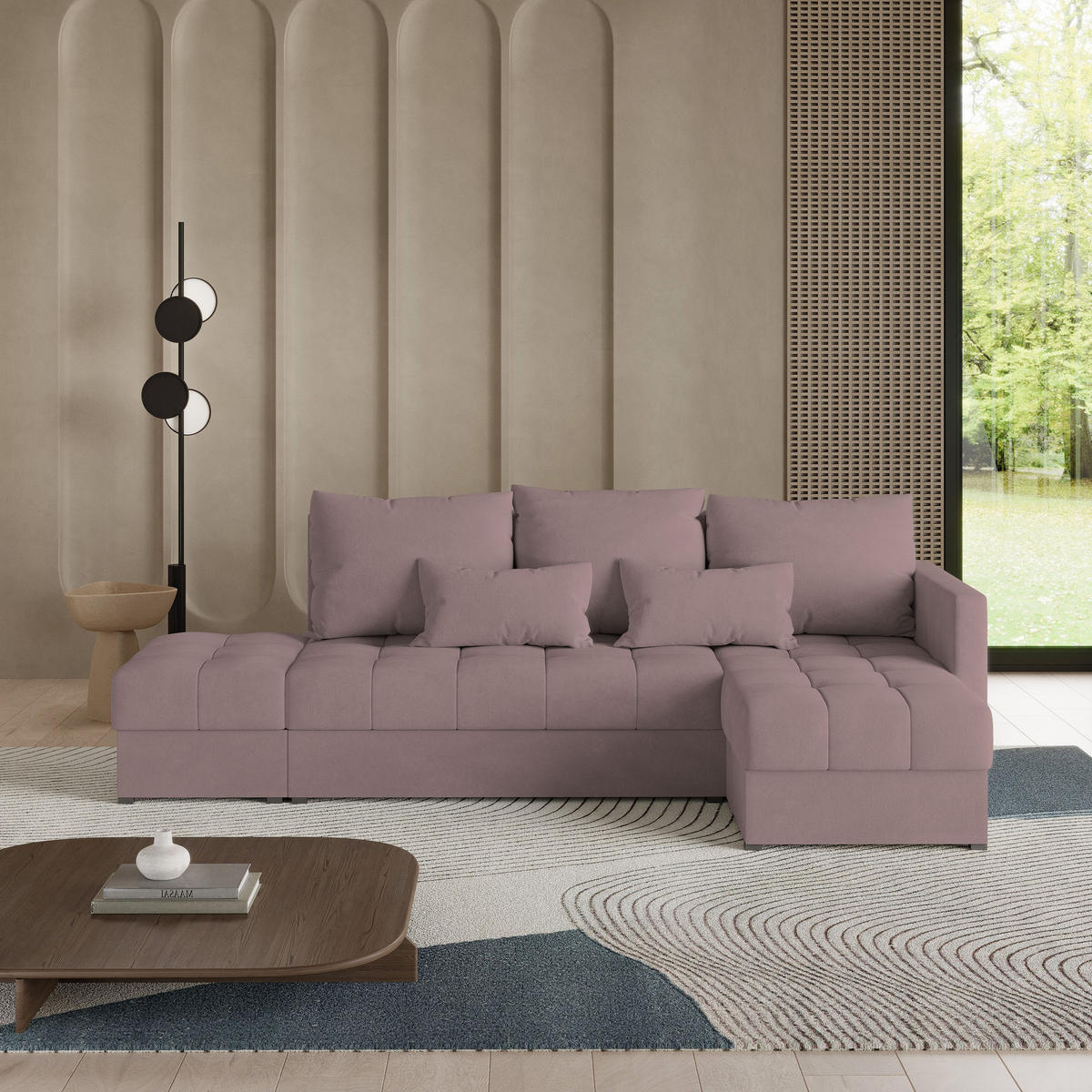 ROHOVÁ SEDAČKA LUMARI starorůžová - šedá/starorůžová, dřevo/textil (261/143cm) - MASSENO