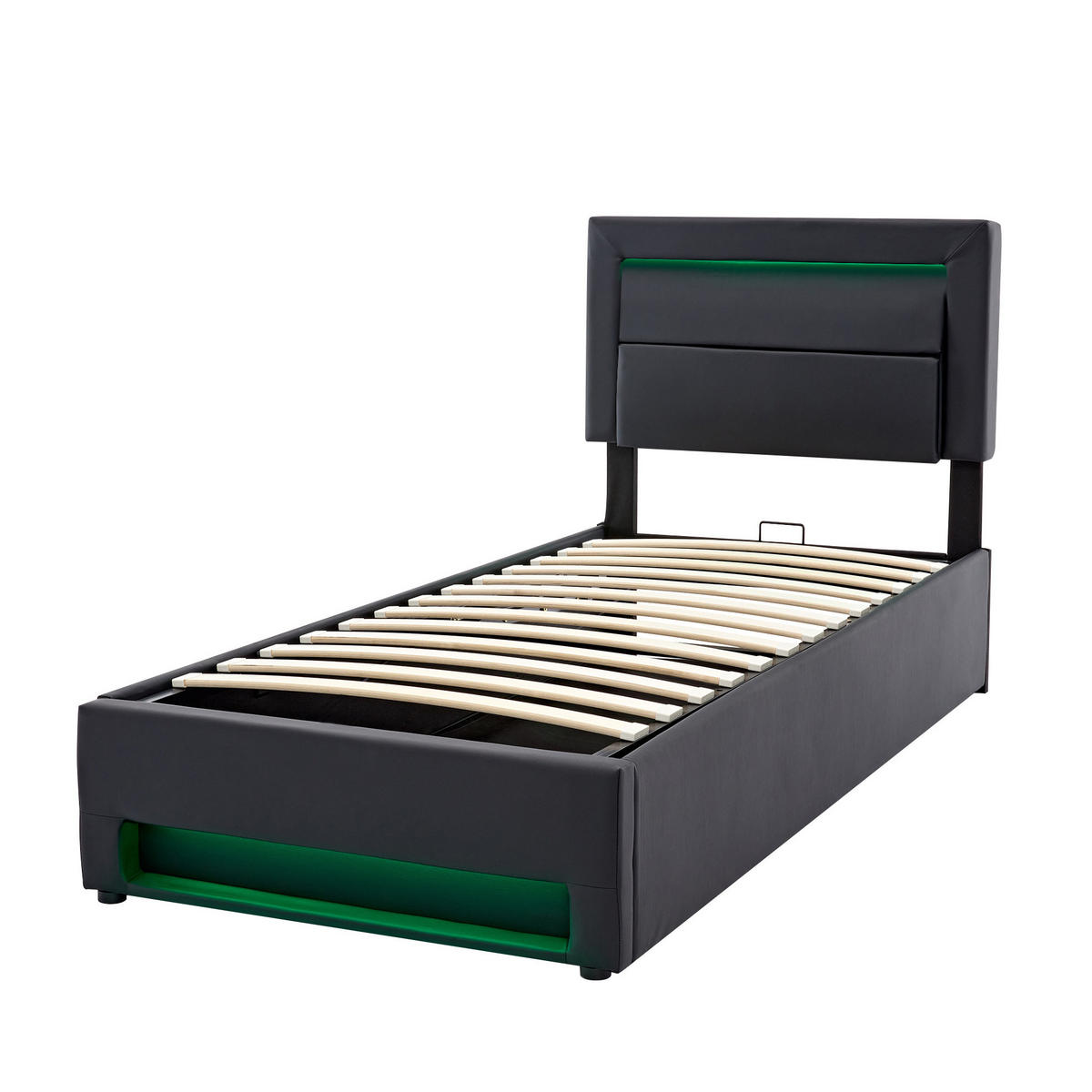 ČALOUNĚNÁ postel 90/190 cm s LED osvětlením, USB nabíjením a úložným prostorem z PU, Černá - černá, plast (90/190cm) - Redom