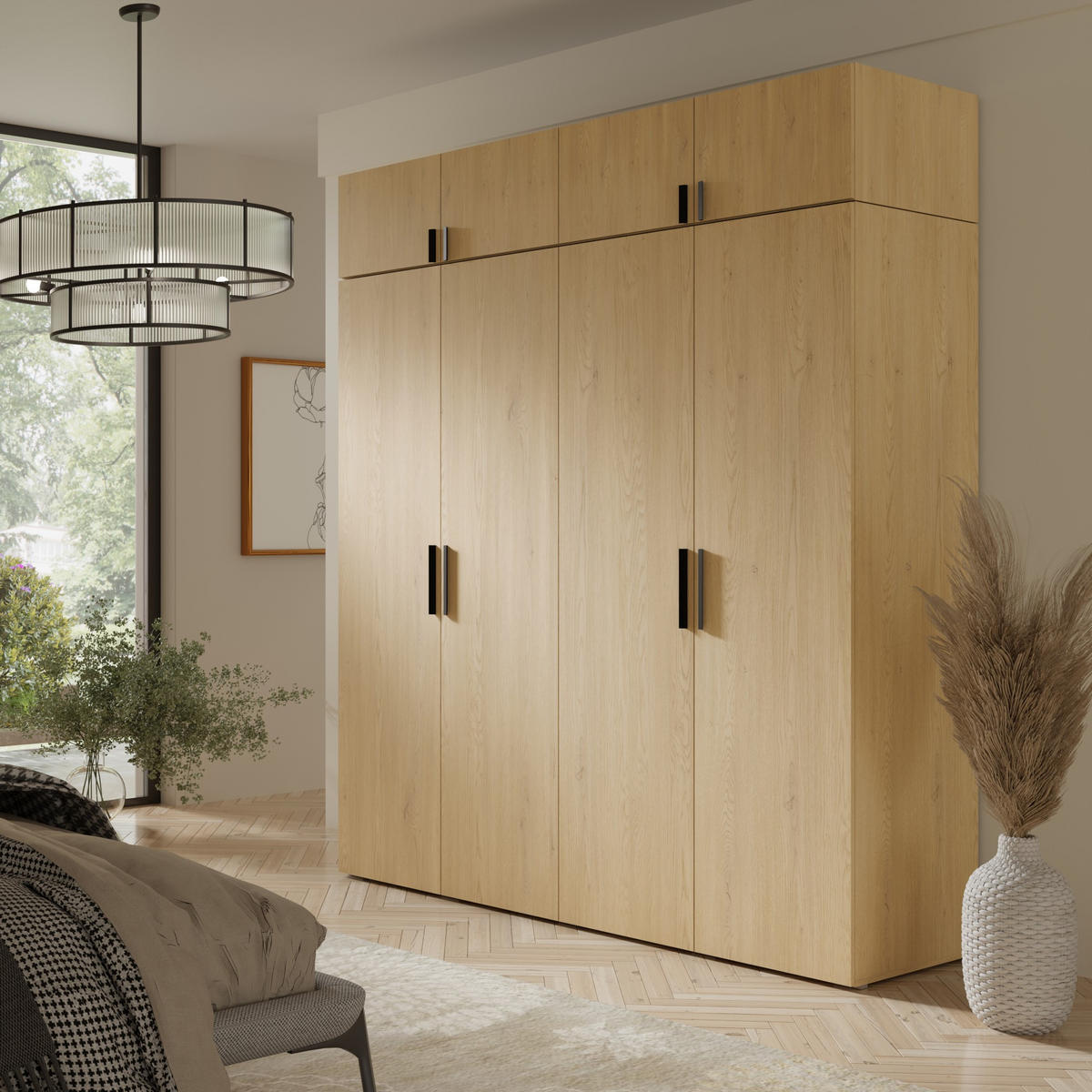 DREHTÜRENSCHRANK mit Aufsatz Napoli 4D 200 Eiche Cremona (schwarzer oder goldener Griff) - Eichefarben/Silberfarben, Holzwerkstoff/Kunststoff (200/35/60cm) - mzm24