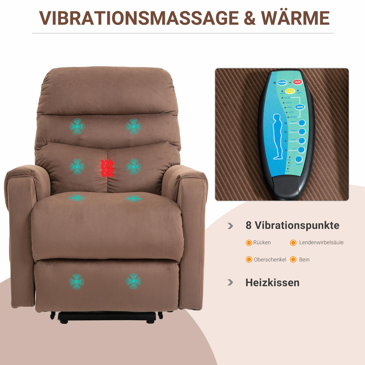 FERNSEHSESSEL Sessel mit Aufstehhilfe mit Massagefunktion Heizung Braun - Schwarz/Braun, Textil/Metall (97/103/79cm) - HOMCOM