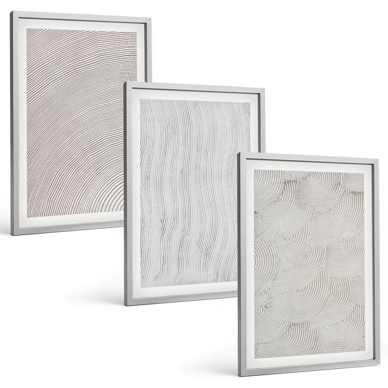 BILDER SET 3er Set - 40x60 cm Silberner Rahmen - Sandmuster geometrische Strukturen - Silberfarben, Kunststoff (40/60cm) - TULUP