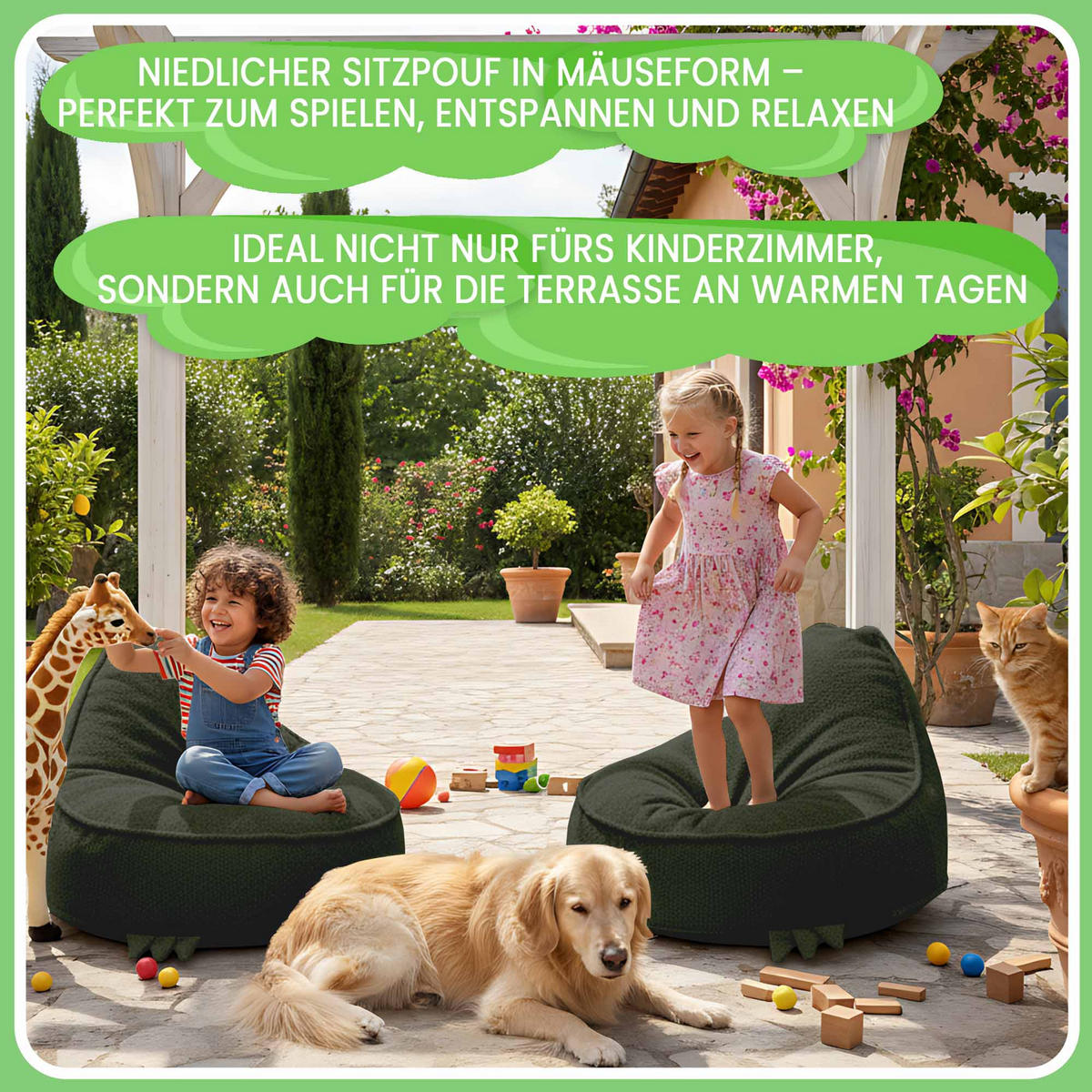 SITZSACK FÜR KINDER Dino 75/75/55 cm, weicher Bouclé 315 g/m², abnehmbarer Bezug, Forest Whisper - Dunkelgrün, Textil (75/55/75cm) - Dreamroots