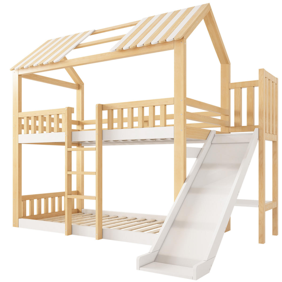 ETAGENBETT mit Giebeldach 90/200 cm Weiß Natur mit Regal, ohne Matratze - Weiß, Holz (90/200cm) - MIVRAY