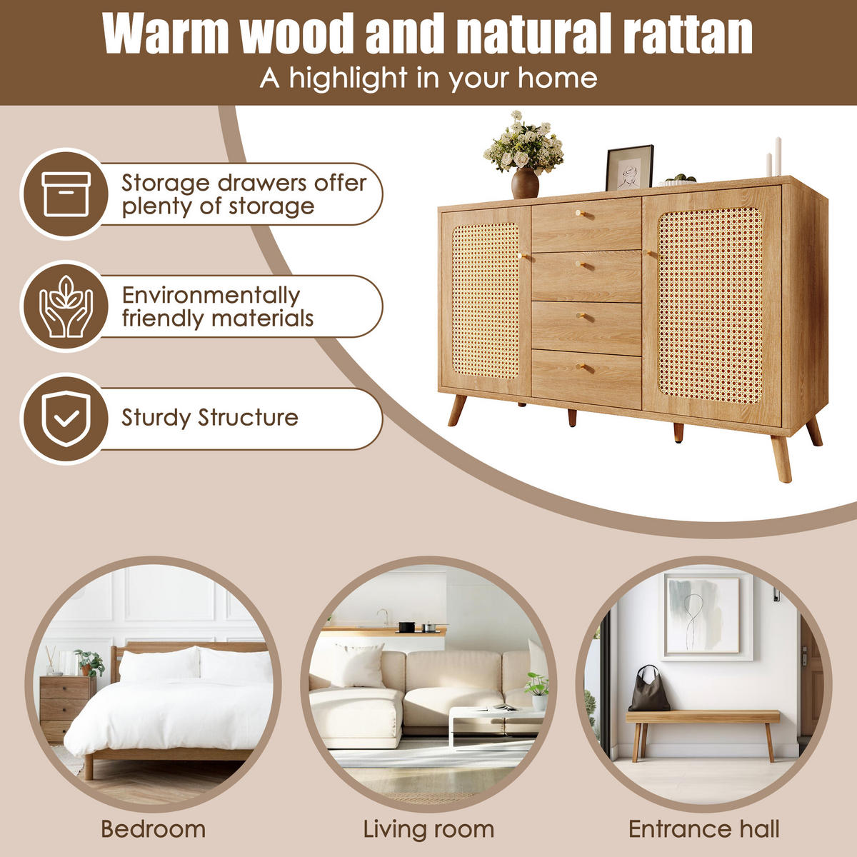 SIDEBOARD 140x40x86 cm Helle Eiche mit Rattan und Schubladen - Eichefarben, Holz (140/86/40cm) - FLIEKS
